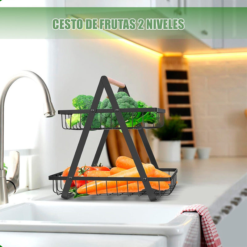 Cesto De Frutas Metalico Frutero Mesa Cesto Frutas 2 Niveles Negro