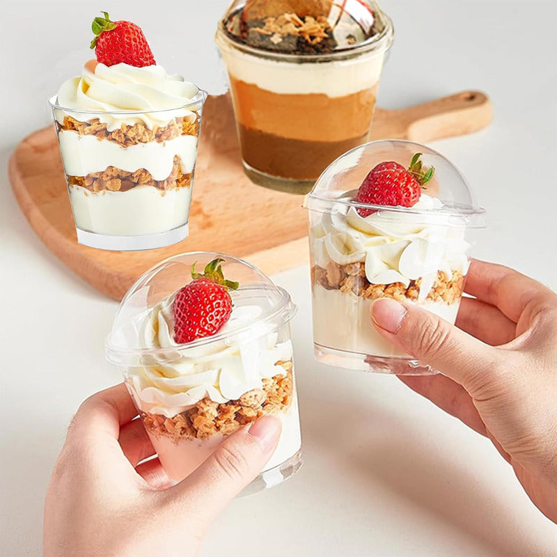 Pack X50 Vasos Acrilico Para Postre Con Tapa Pocillos 210ml Transparentes