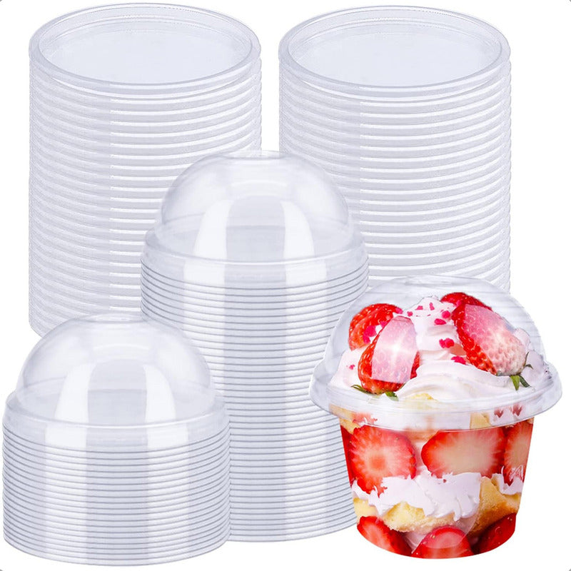 Pack X50 Vasos Acrilico Para Postre Con Tapa Pocillos 210ml Transparentes