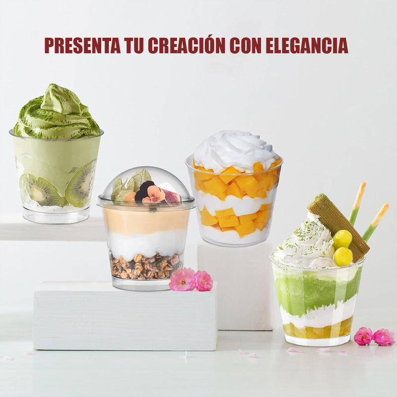 Pack X50 Vasos Acrilico Para Postre Con Tapa Pocillos 210ml Transparentes