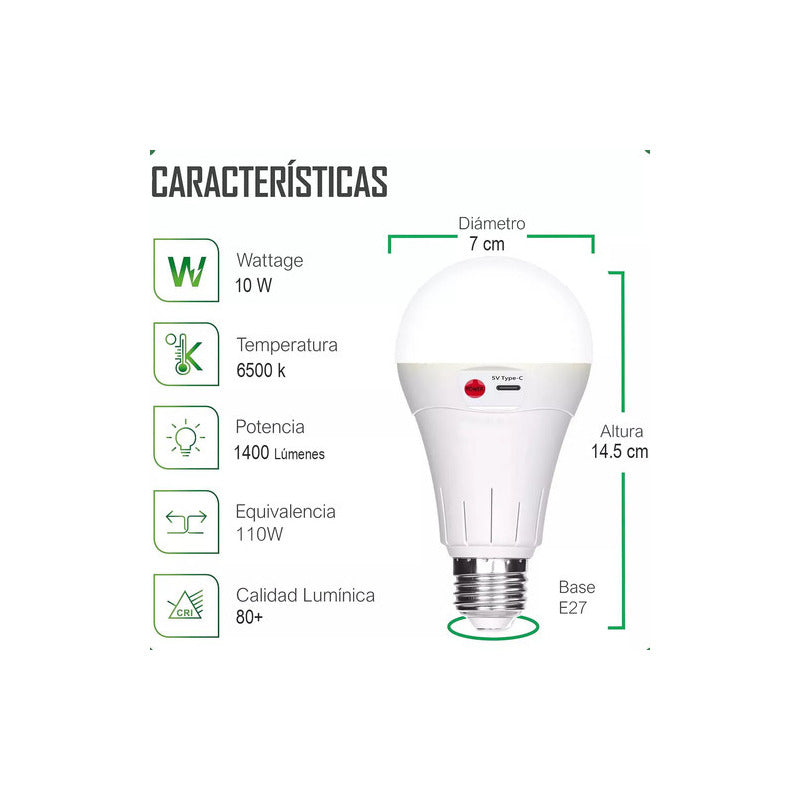 Ampolleta Led Tipo Bulbo Ampolletas Portables Inteligentes Camping Ampolletas Recargables Blanco 6.500k Usb Ampolleta Recargable Plastica Ampolleta E27 Ampolleta Emergencia 10w Okshop
