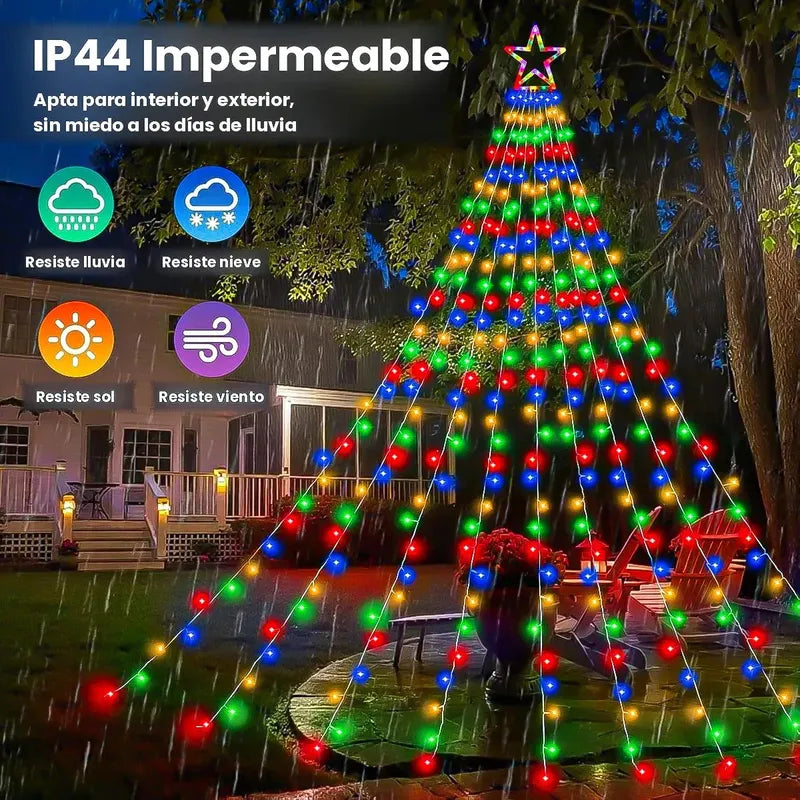 Cortina De Luces Led Multicolor Solar Para Árbol De Navidad 350 Luces Con 8 Funciones Y Control Remoto