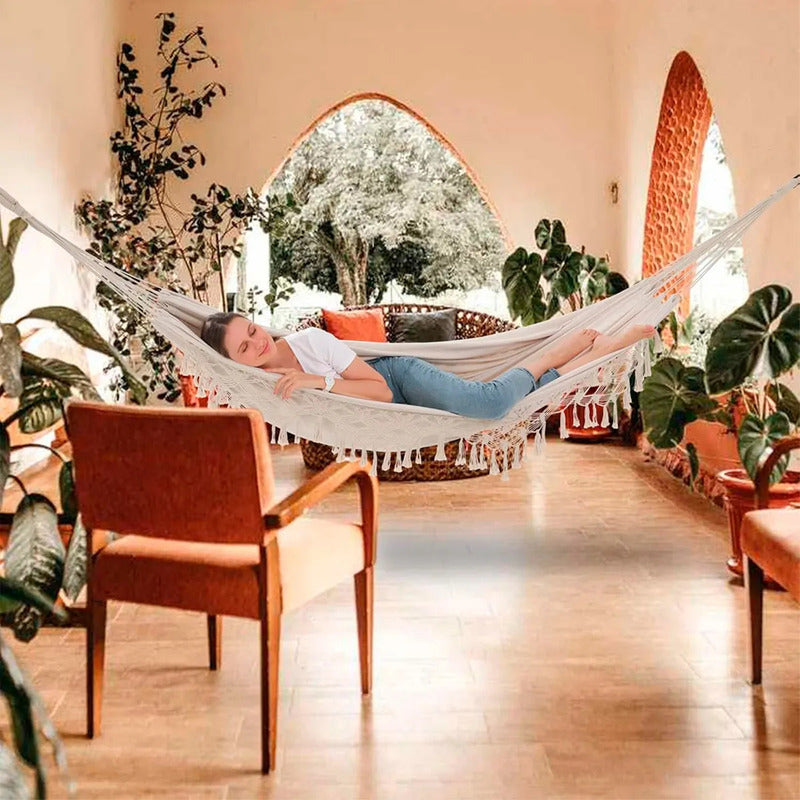 Hamaca Colgante Okshop Algodón Diseño Borlas 2.5m X 80cm Beige