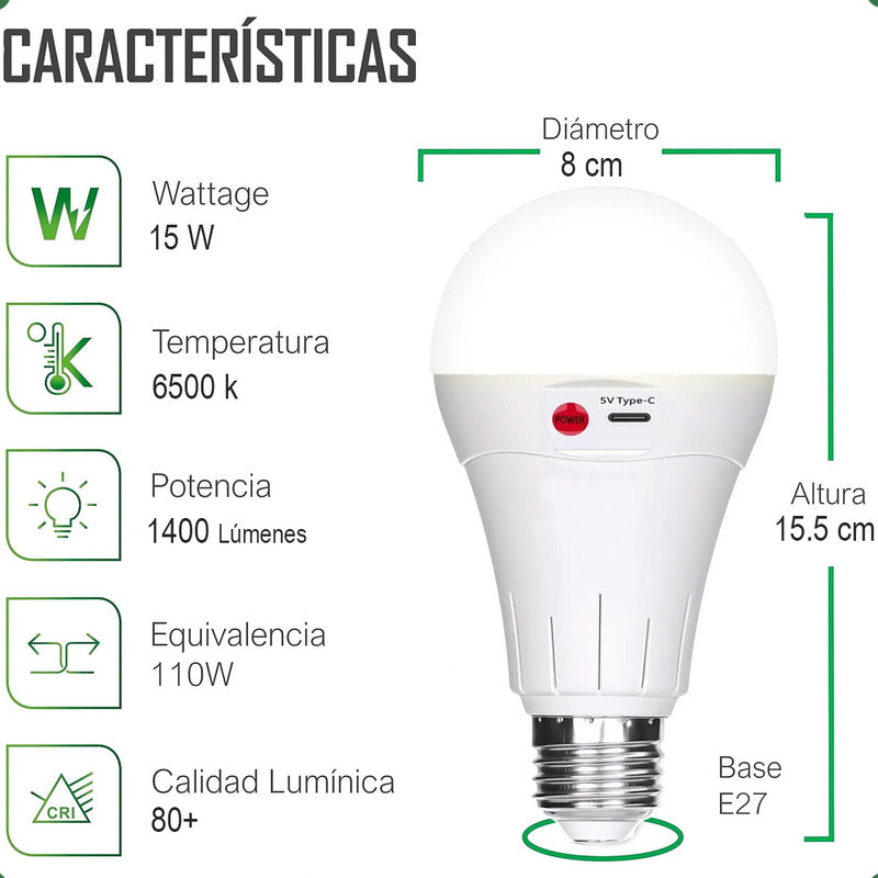 Ampolleta Recargable Ampolleta E27 Ampolleta Emergencia 15w Blanco