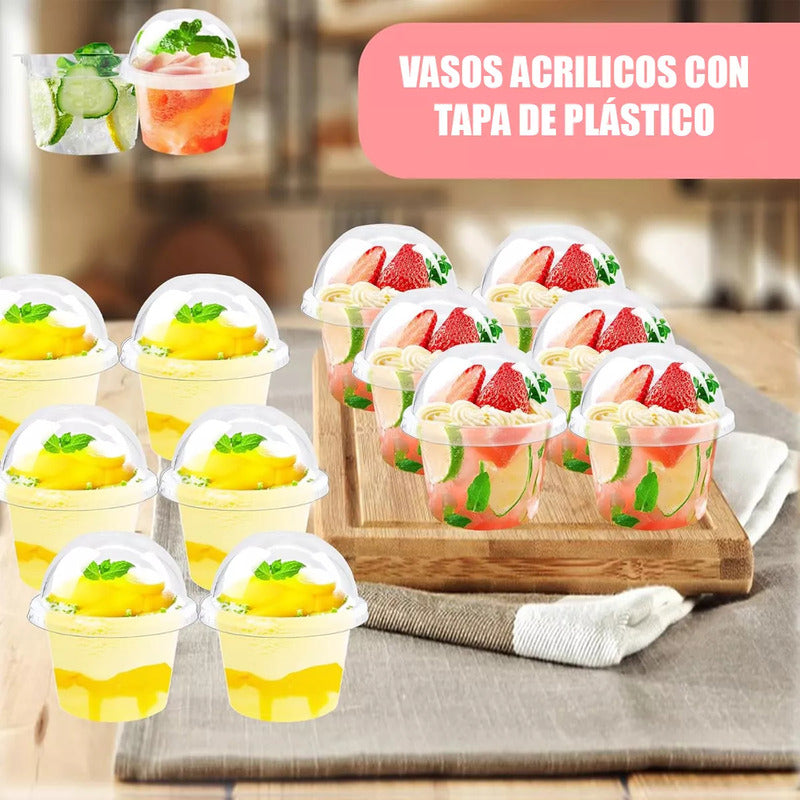 Pack X50 Vasos Acrilico Para Postre Con Tapa Pocillos 210ml Vasos Acrilico Desechable 210m Vasos Para Postres + Tapa Pocillos Vasos Acrilicos Postres Y Frutas Vasos Postres Multifuncional Okshop