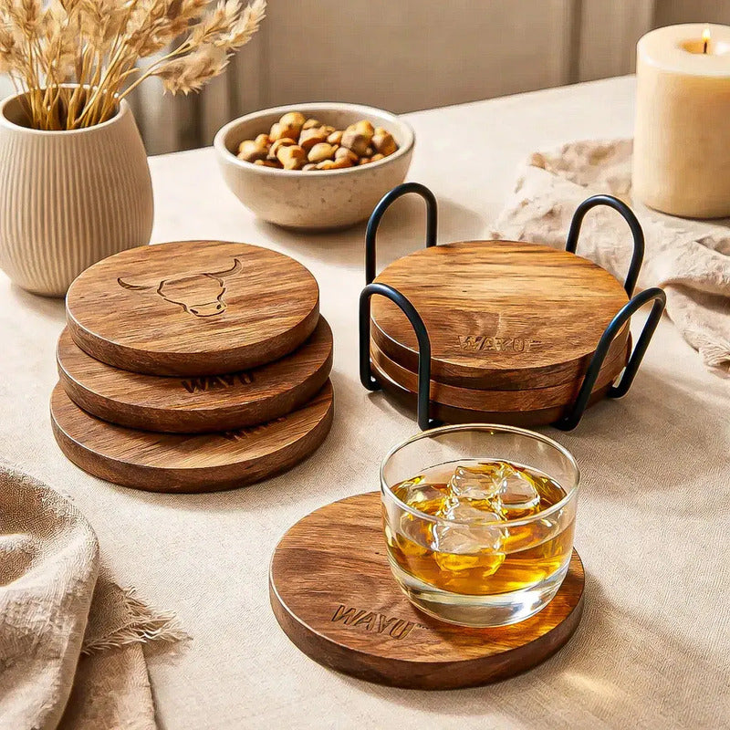 Set De 6 Posavasos De Madera Redondos Wayu Para Bebidas