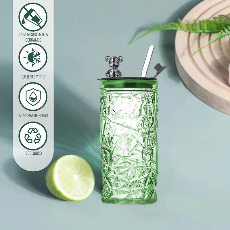 Vasos De Vidrio Vaso De Bebida Con Bombilla 400 Ml Vasos Reutilizables 400ml Vidrio Transparente Pack 2 Vasos Personalizados Vaso Con Tapa Y Bombilla Color Verde Okshop