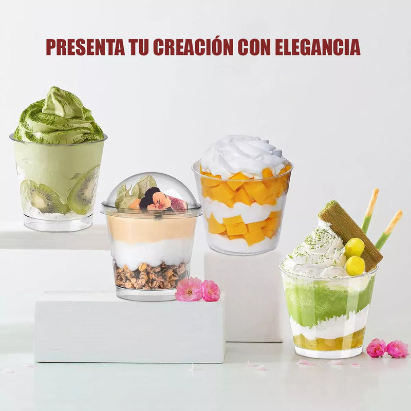 Pack X50 Vasos Acrilico Para Postre Con Tapa Pocillos 210ml Vasos Acrilico Desechable 210m Vasos Para Postres + Tapa Pocillos Vasos Acrilicos Postres Y Frutas Vasos Postres Multifuncional Okshop