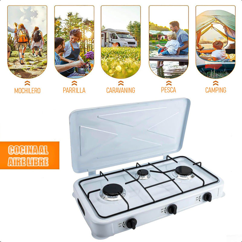 Set Cocina Camping A Gas Cocina Portatil 3 Plato Regulador