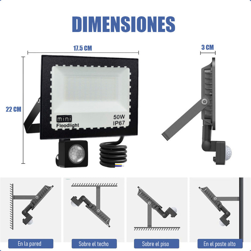 Reflector Foco Led Sensor Movimiento Proyector Focos Led 50w Negro Blanca