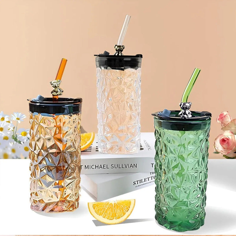 Vasos De Vidrio Vaso De Bebida Con Bombilla 400 Ml Vasos Reutilizables 400ml Vidrio Transparente Pack 2 Vasos Personalizados Vaso Con Tapa Y Bombilla Color Naranja Okshop