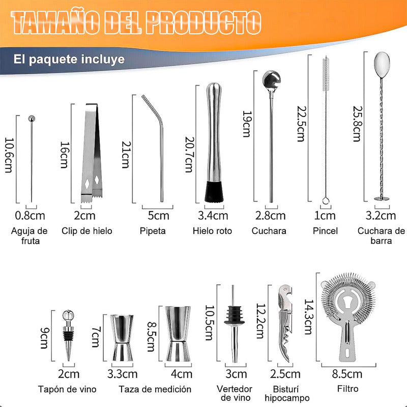 Kit De Coctelería Coctelera Profesional Kit Coctelería 22pcs Plateado