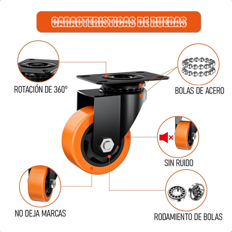 Ruedas Giratorias Para Carros Ruedas Muebles Pack 2 Rueda Naranja/negro