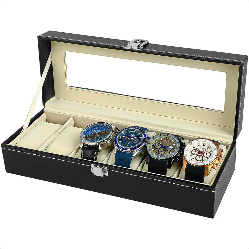 Organizador Reloj Okshop 6 Compartimientos Negro Cuero Sintético