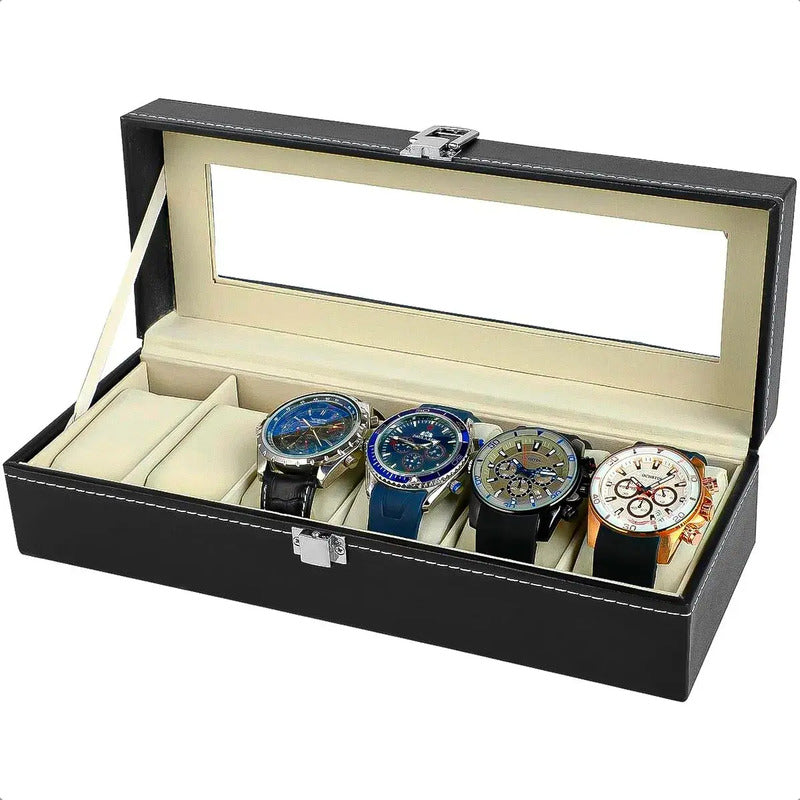 Organizador Reloj Okshop 6 Compartimientos Negro Cuero Sintético