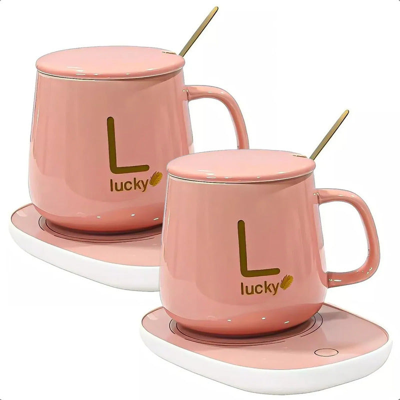 Pack 2 Tazas Con Calentador Para Café Y Té  Cerámica Rosa 420 Ml Okshop Liso