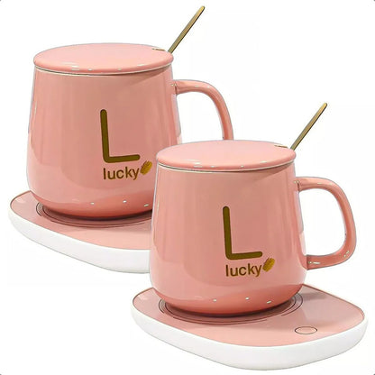 Pack 2 Tazas Con Calentador Para Café Y Té  Cerámica Rosa 420 Ml Okshop Liso