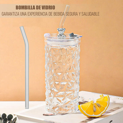 Pack X2 Vasos De Vidrio Vaso De Bebida Con Bombilla 400 Ml