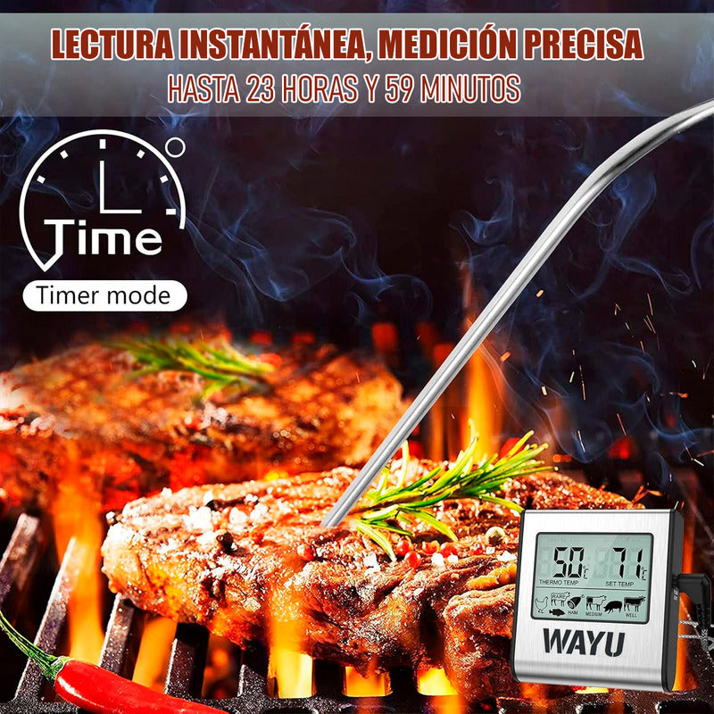 Termómetro Digital Wayu Para Carne, Horno Y Cocina De Acero Inoxidable Gris