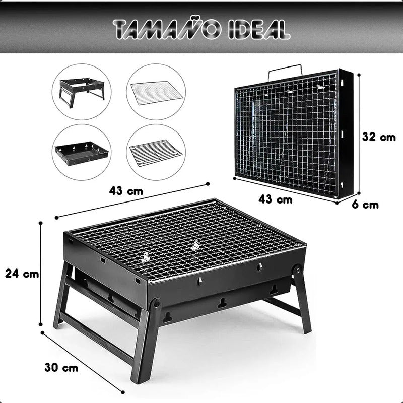 Parrilla A Carbón Portátil Plegable De Acero Inoxidable Para Asado Y Camping Negro