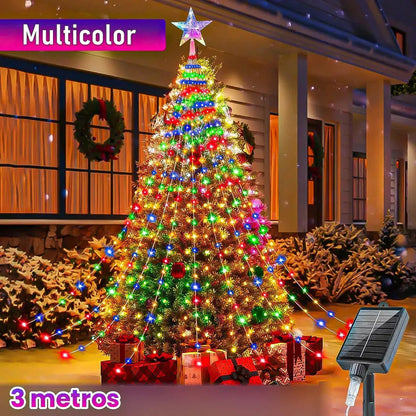 Cortina De Luces Led Multicolor Solar Para Árbol De Navidad  350 Luces Con 8 Funciones Y Control Remoto
