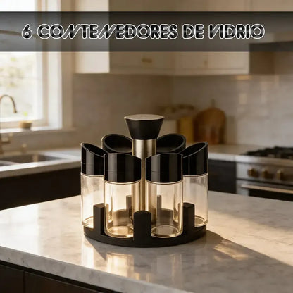 Especiero Giratorio Okshop Con 6 Frascos De Vidrio Para Cocina Negro