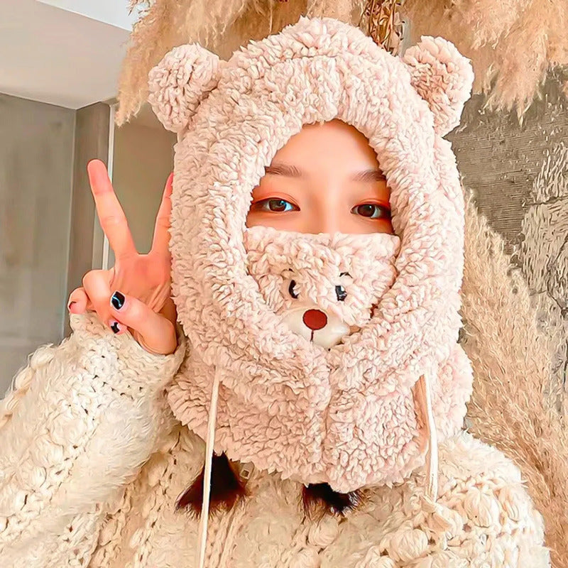 Gorro Invierno Con Orejas De Oso Y Cuello, Ajustable De Chiporro Para Adultos, Blanco Okshop Unica