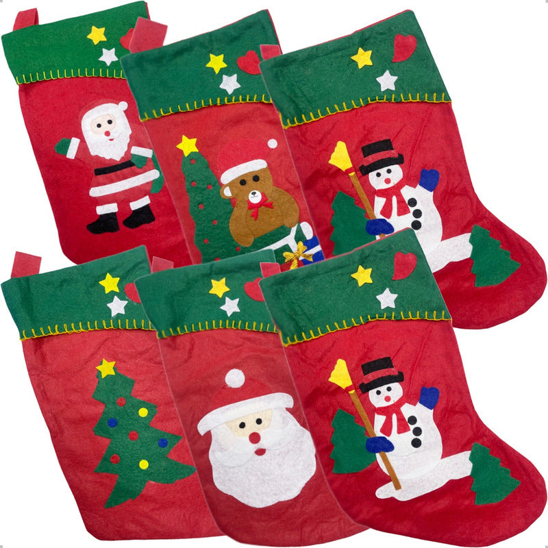 Pack De 6 Botas Navideñas Rojas De Tela Para Adornos Rojo