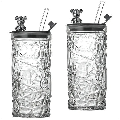 Pack X2 Vasos De Vidrio Arcashopping Con Tapa Y Bombilla 400ml Blancos