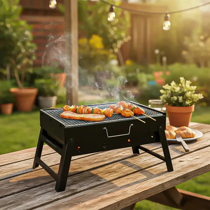 Parrilla A Carbón Portátil Plegable De Acero Inoxidable Para Asado Y Camping Negro