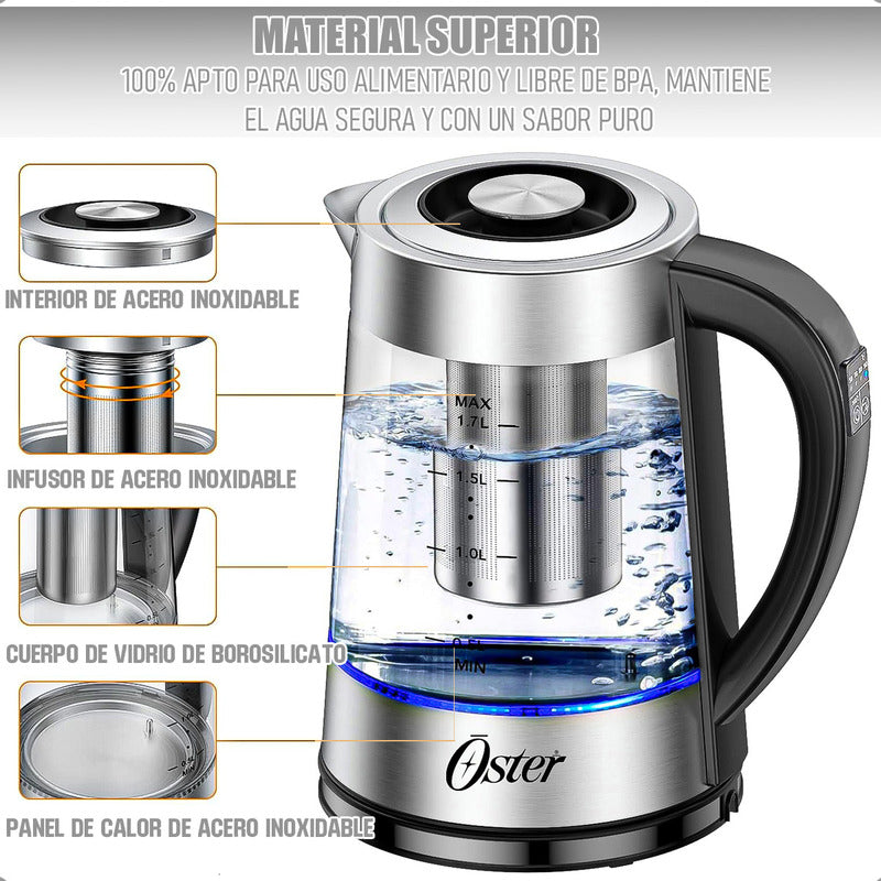 Hervidor Eléctrico Oster De Vidrio Y Acero Inoxidable Con Infusor Y Control De Temperatura 1.7 L Gris
