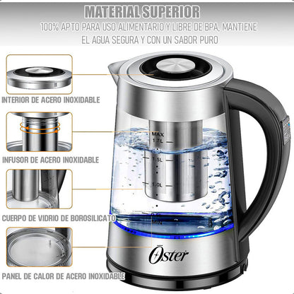 Hervidor Eléctrico Oster De Vidrio Y Acero Inoxidable Con Infusor Y Control De Temperatura 1.7 L Gris