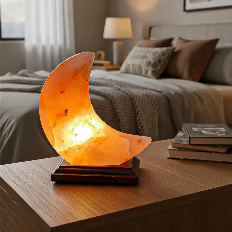 Lámpara De Sal Del Himalaya En Forma De Luna Con Base De Madera Y Luz Led Naranja