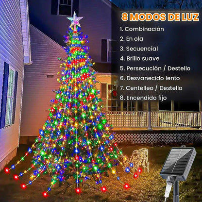 Cortina De Luces Led Multicolor Solar Para Árbol De Navidad  350 Luces Con 8 Funciones Y Control Remoto