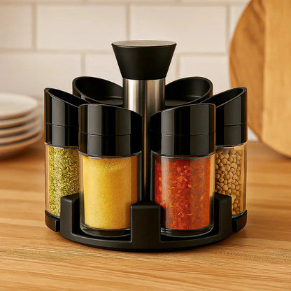 Especiero Giratorio Okshop Con 6 Frascos De Vidrio Para Cocina Negro