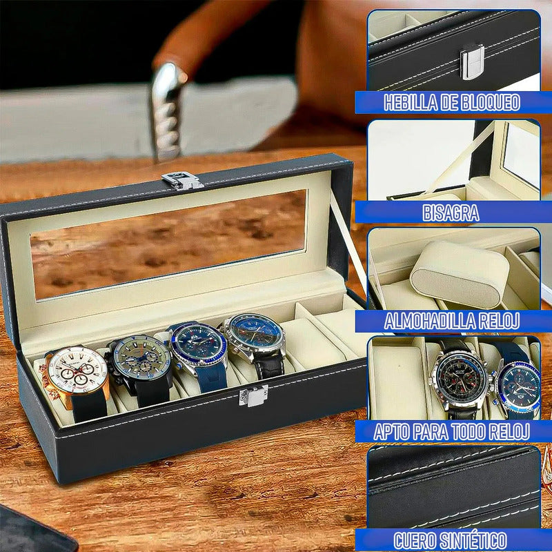 Organizador Reloj Okshop 6 Compartimientos Negro Cuero Sintético