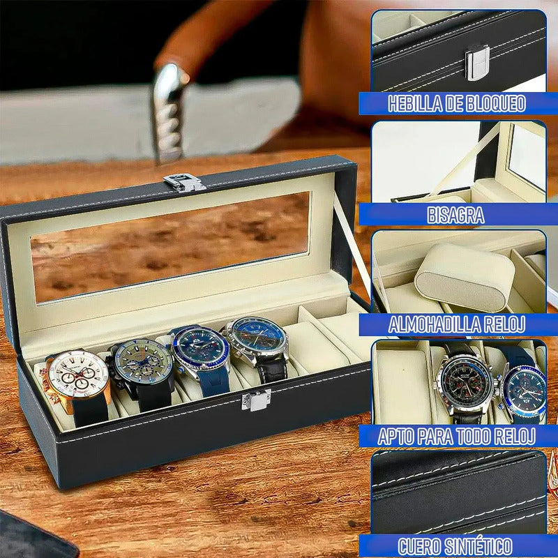 Organizador Reloj Okshop 6 Compartimientos Negro Cuero Sintético