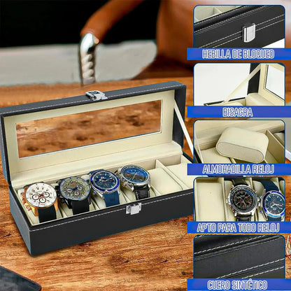 Organizador Reloj Okshop 6 Compartimientos Negro Cuero Sintético