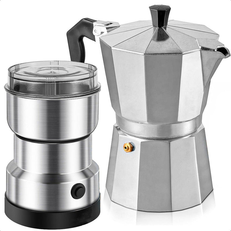 Cafetera Italiana 6 Taza + Molinillo Cafe Capuchino Expresso Gris