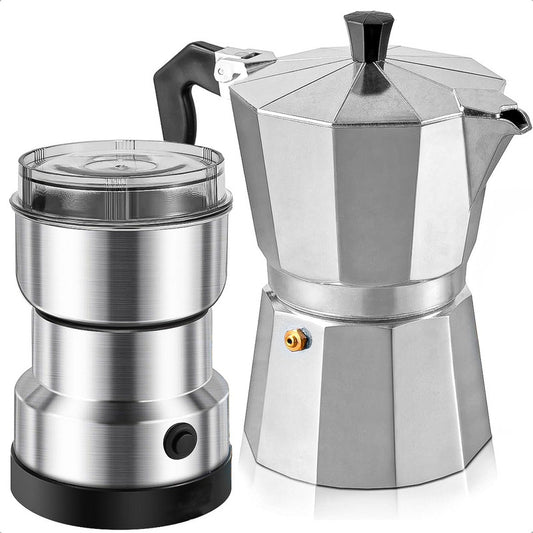 Cafetera Italiana 6 Taza + Molinillo Cafe Capuchino Expresso Gris