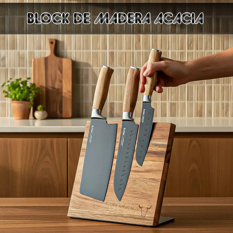 Organizador Cuchillos Magnetico Block Magnético Wayu Soporte De Madera Acacia Okshop Bloque Magnético Para Cuchillo Soporte Magnético + Cuchillos Block Magnético + 3 Cuchillos Madera Acacia Wayu