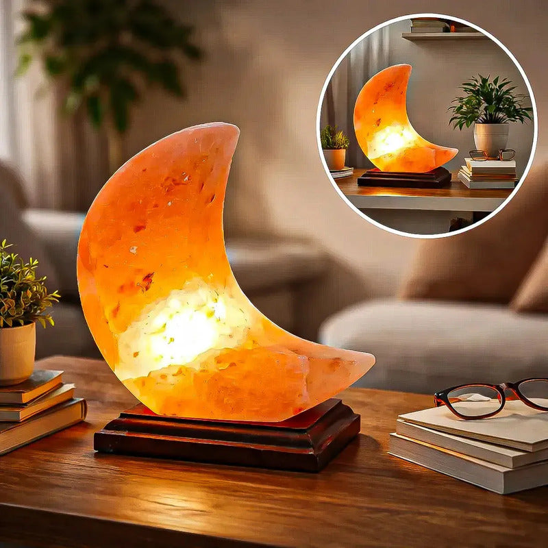 Lámpara De Sal Del Himalaya En Forma De Luna Con Base De Madera Y Luz Led Naranja