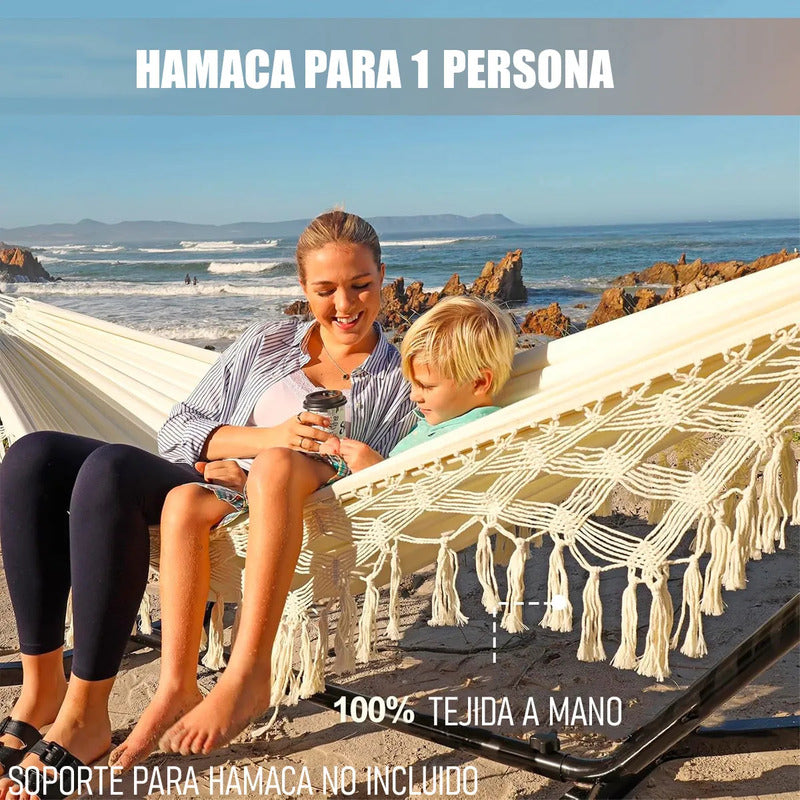 Hamaca Colgante Okshop Algodón Diseño Borlas 2.5m X 80cm Beige