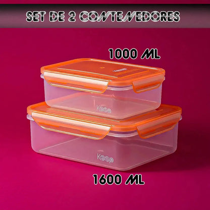 Set De 2 Contenedores Para Alimentos De Plástico, Herméticos Y Apilables Con Capacidad De 1.6 L Naranja