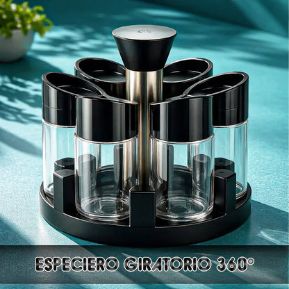 Especiero Giratorio Okshop Con 6 Frascos De Vidrio Para Cocina Negro