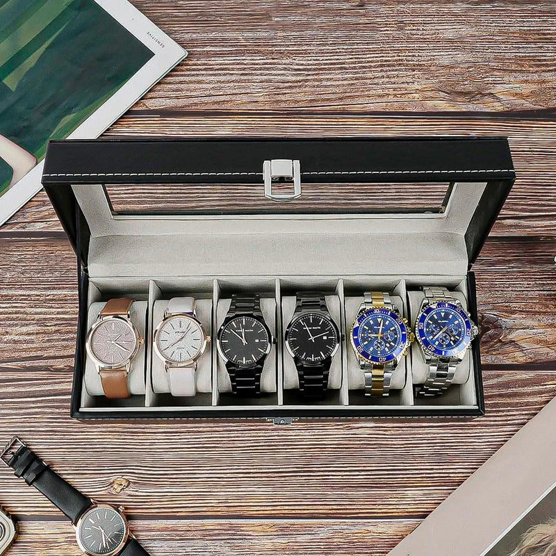 Organizador Reloj Okshop 6 Compartimientos Negro Cuero Sintético