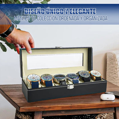 Organizador Reloj Okshop 6 Compartimientos Negro Cuero Sintético