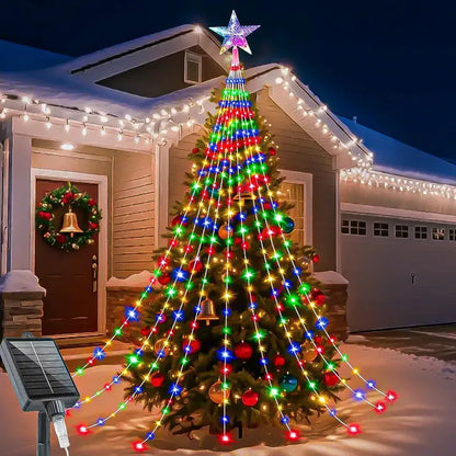 Cortina De Luces Led Multicolor Solar Para Árbol De Navidad  350 Luces Con 8 Funciones Y Control Remoto