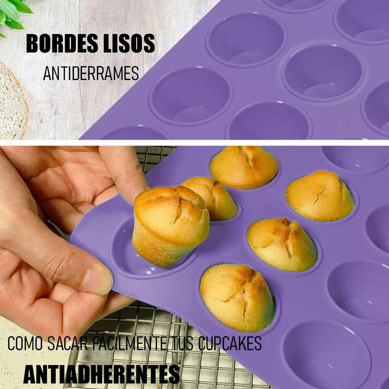 Pack 2 Moldes De Silicona Para Cupcakes De 24 Ranuras Antiaherentes Rosa Pastel