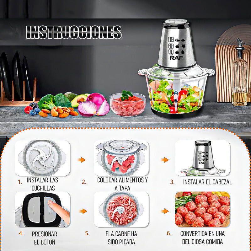 Procesadora Alimentos 2rl 800w Vidrio 2l Picadora Carne Acero Negro